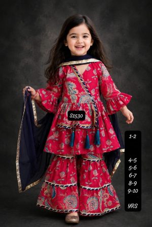 Kids Cotton Kurti Sharara And Dupatta Set - Image 1