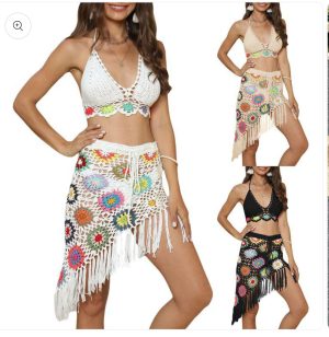 Two Piece Crochet Halter Top with Skirt Set - Image 1