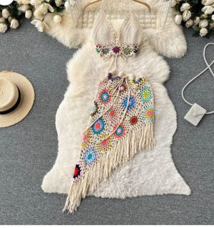 Two Piece Crochet Halter Top with Skirt Set - Image 2