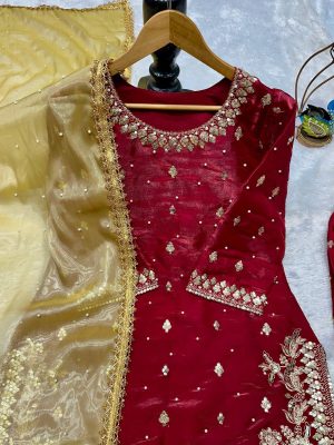 Silk suit set with embroidery and Moti work - Image 3