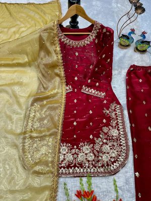 Silk suit set with embroidery and Moti work - Image 1