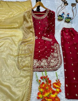 Silk suit set with embroidery and Moti work - Image 5