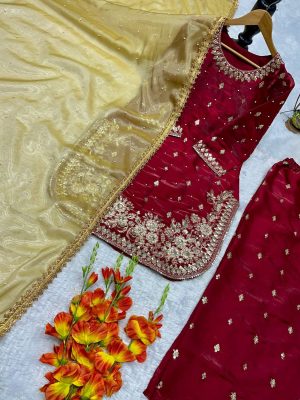 Silk suit set with embroidery and Moti work - Image 4