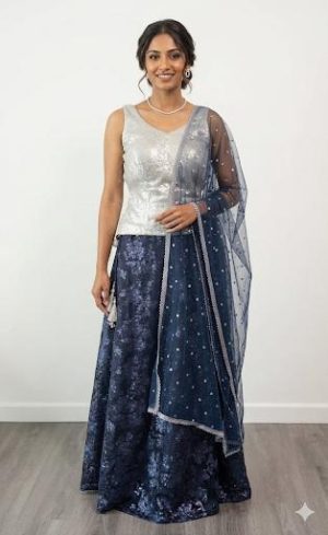 Midnight Blue Sequin Lehenga Set - Image 1