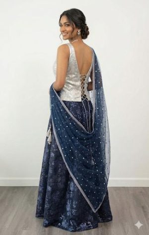 Midnight Blue Sequin Lehenga Set - Image 3
