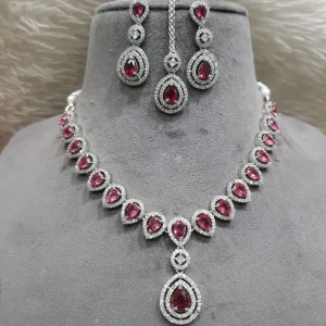 American Diamond Studded Necklace with Earrings and Maang Tikka - Image 1