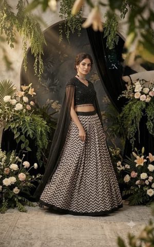 Chevron Print Lehenga with Sheer Cape - Image 1