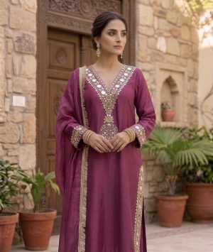 Shimmer Tissue Designer Suit with Mirror Embroidery - Image 1