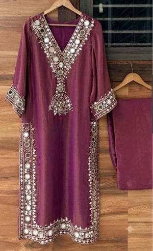 Shimmer Tissue Designer Suit with Mirror Embroidery - Image 8