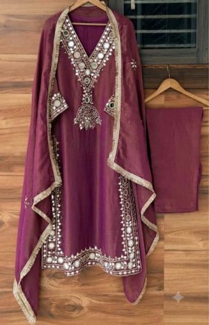 Shimmer Tissue Designer Suit with Mirror Embroidery - Image 5