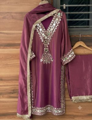 Shimmer Tissue Designer Suit with Mirror Embroidery - Image 9