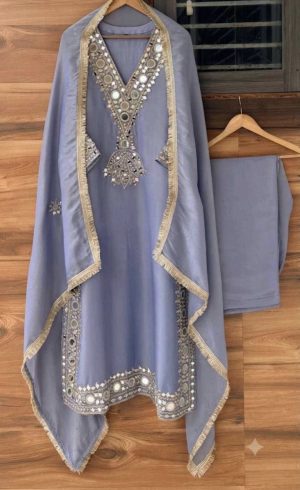 Shimmer Tissue Designer Suit with Mirror Embroidery - Image 7