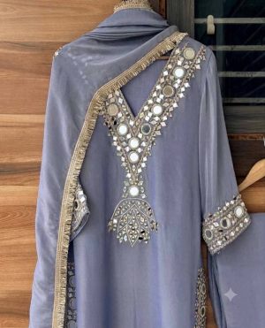 Shimmer Tissue Designer Suit with Mirror Embroidery - Image 6