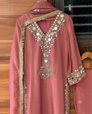 Shimmer Tissue Designer Suit with Mirror Embroidery - Image 4