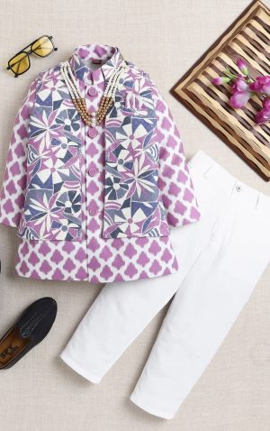 Boys Lavender Printed Kurta Set with Nehru Jacket & White Pajama - Image 1