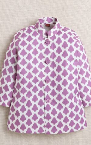 Boys Lavender Printed Kurta Set with Nehru Jacket & White Pajama - Image 3