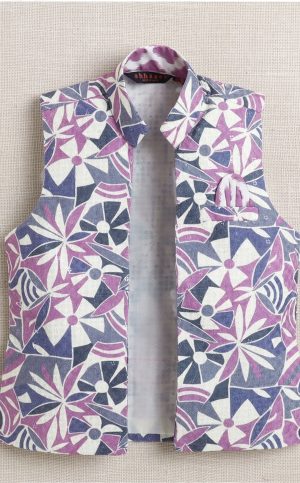 Boys Lavender Printed Kurta Set with Nehru Jacket & White Pajama - Image 4