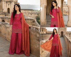 Silk Ensemble with Pearl Handwork - Image 2