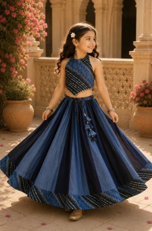 Leheriya Pure Cotton Dual Tone Crop Top with Lehenga - Image 1