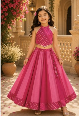 Leheriya Pure Cotton Dual Tone Crop Top with Lehenga - Image 2