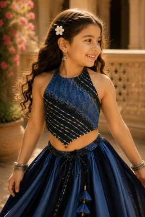 Leheriya Pure Cotton Dual Tone Crop Top with Lehenga - Image 4