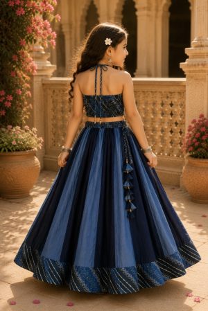 Leheriya Pure Cotton Dual Tone Crop Top with Lehenga - Image 5