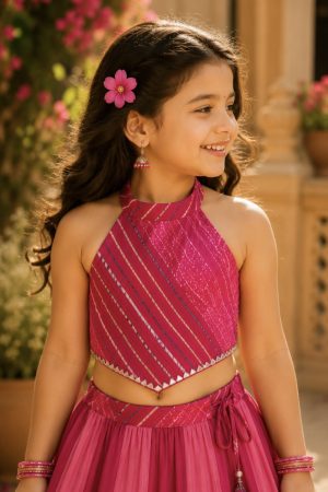 Leheriya Pure Cotton Dual Tone Crop Top with Lehenga - Image 6